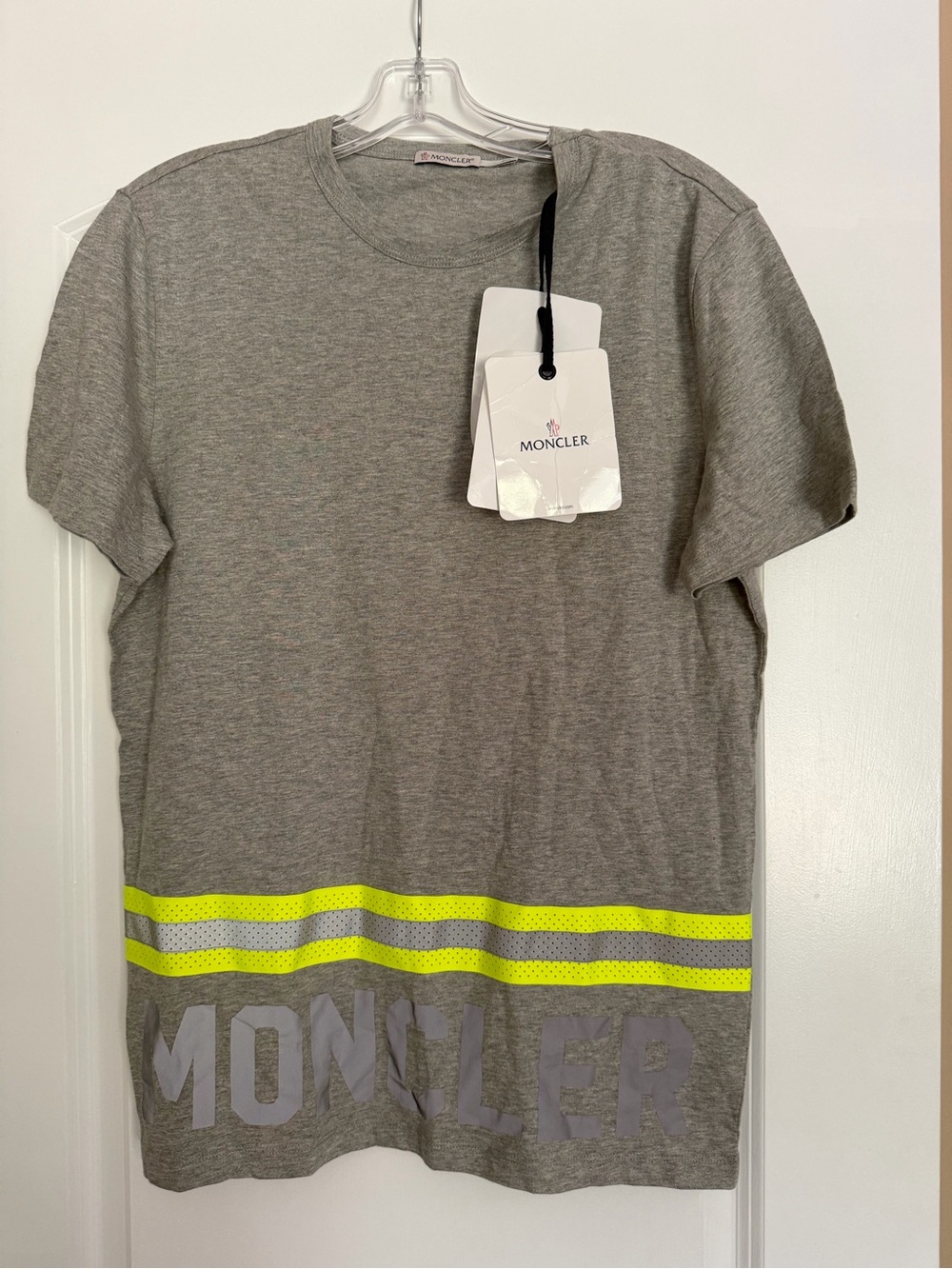 Moncler Maglia Grey Reflective Logo Tee with Neon Yellow Stripes
